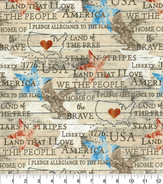 Americana Words on Wood Patriotic Cotton Fabric
