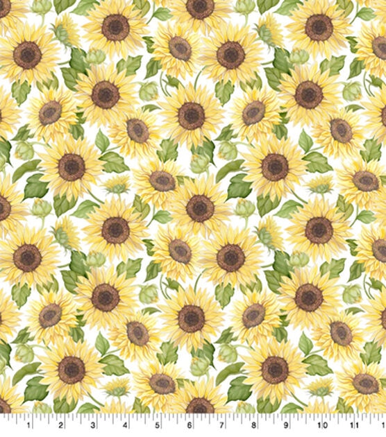 Sunflower Garden On White Premium Cotton Fabric