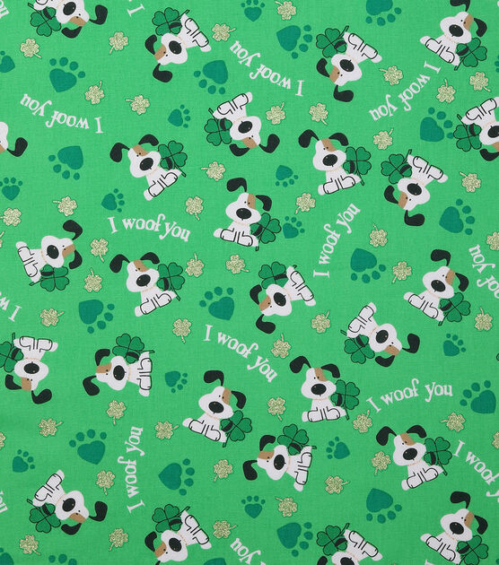 I Woof You & Glitter Shamrocks St. Patrick's Day Cotton Fabric