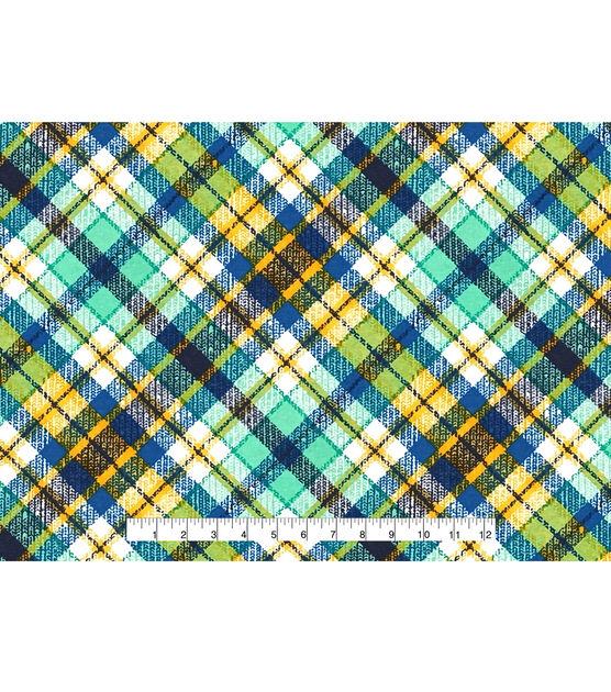 Green Blue Yellow Textured Bias Plaid Super Snuggle Flannel Fabric, , hi-res, image 4