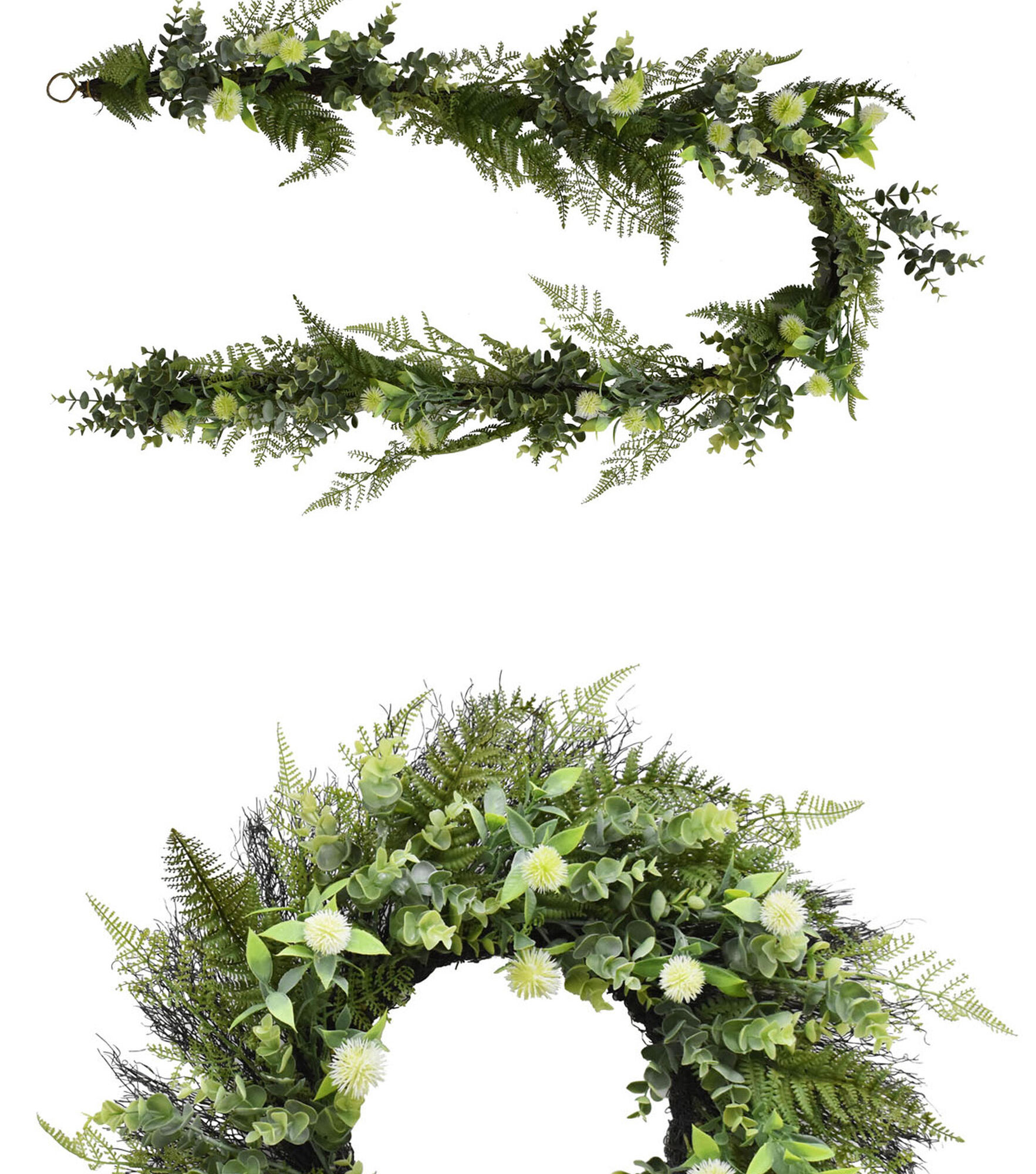 Matching Spring Green Thistle & Eucalyptus Wreath & Garland