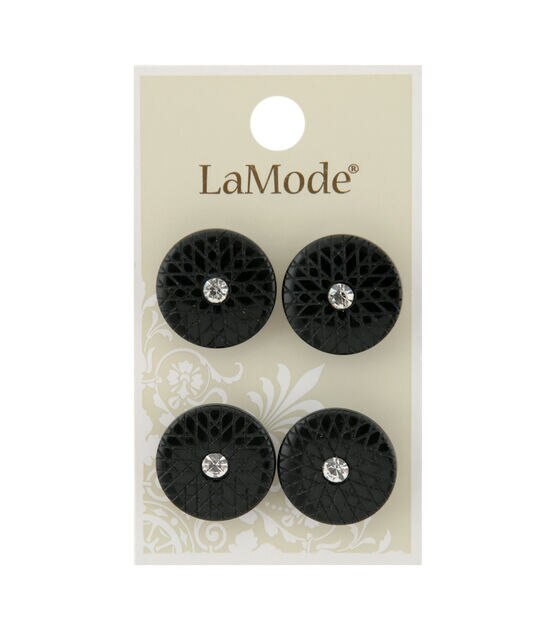 La Mode 13/16" Black Shank Buttons With Clear Rhinestone 4pk