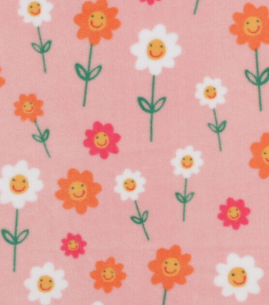 Smiling Daisies on Pink Anti Pill Fleece Fabric by POP!