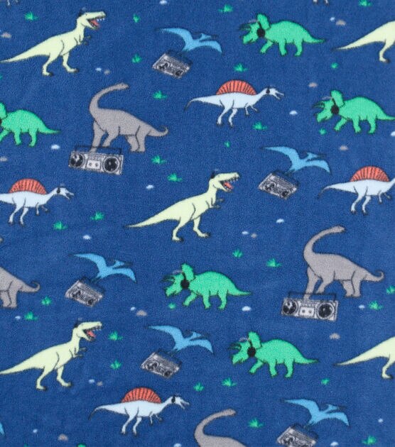 Cool Dinosaurs on Blue Anti Pill Fleece Fabric, , hi-res, image 1