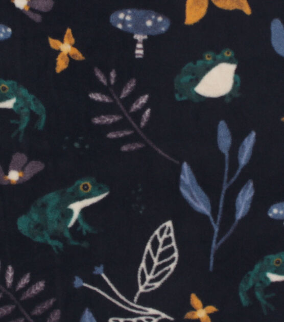 Frogs & Leaves on Black Anti Pill Fleece Fabric