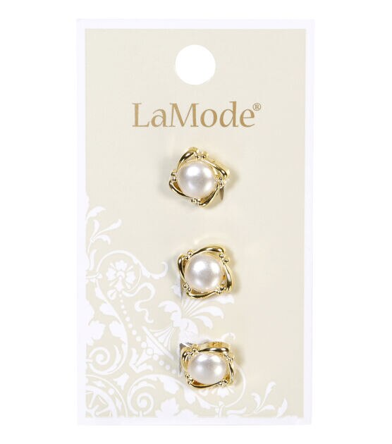 La Mode 1/2 White Pearl & Gold Rim Shank Buttons 3pk