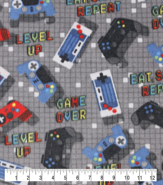 Game Over & Controllers on Gray Anti Pill Fleece Fabric