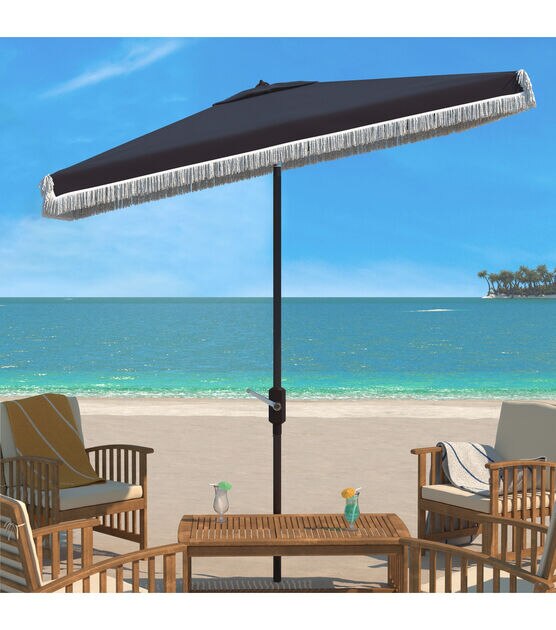 Safavieh 6.5' x 10' Navy Milan Fringe Rectangle Crank Patio Umbrella, , hi-res, image 2