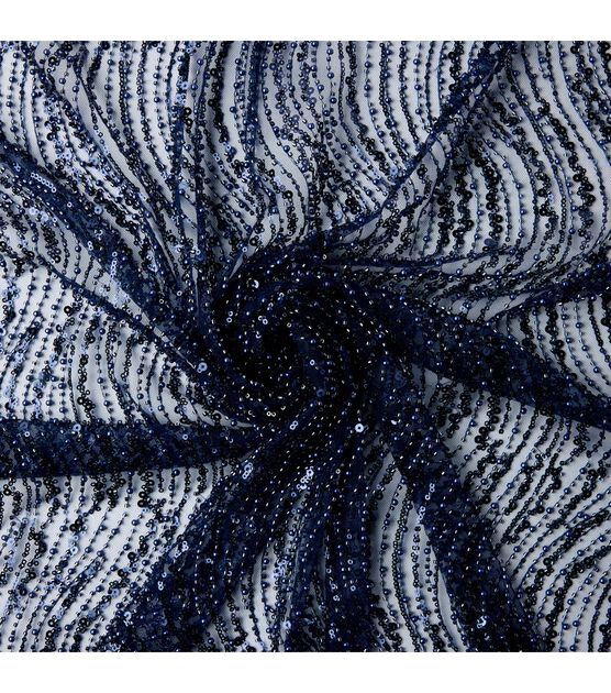 Badgley Mischka Navy Beaded Sequin Mesh Fabric, , hi-res, image 3