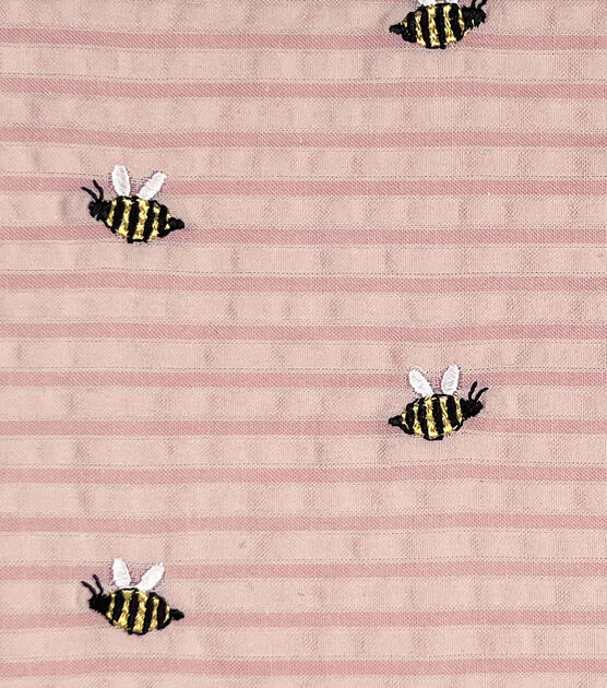 POP! Pink Stripe Bees Emboirdered Seersucker Fabric, , hi-res, image 1