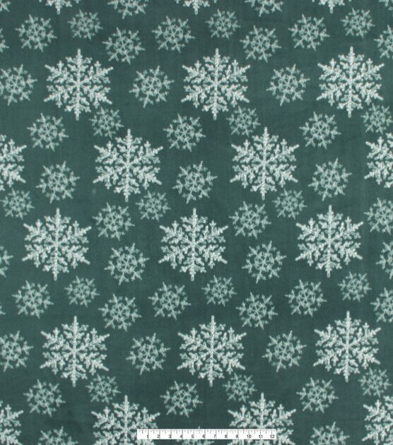 White Snowflakes on Green Anti Pill Fleece Fabric, , hi-res, image 4