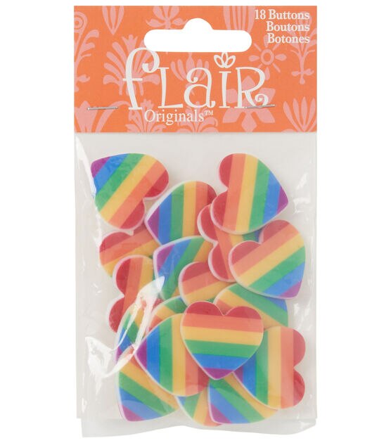 Flair Originals 1" Rainbow Striped Heart Shank Buttons 18pc