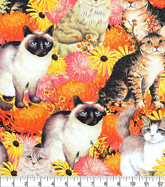 Cats In Flower Garden Novelty Cotton Fabric, , hi-res, image 2