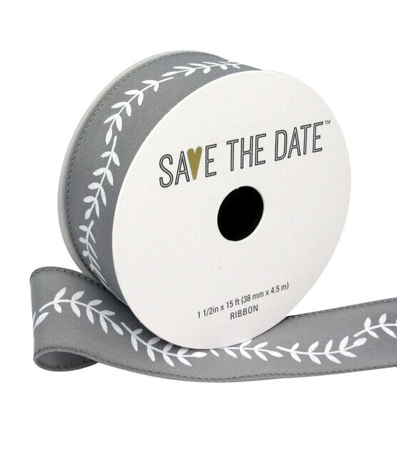 Save the Date 1.5" x 15' White Ferns on Light Gray Ribbon