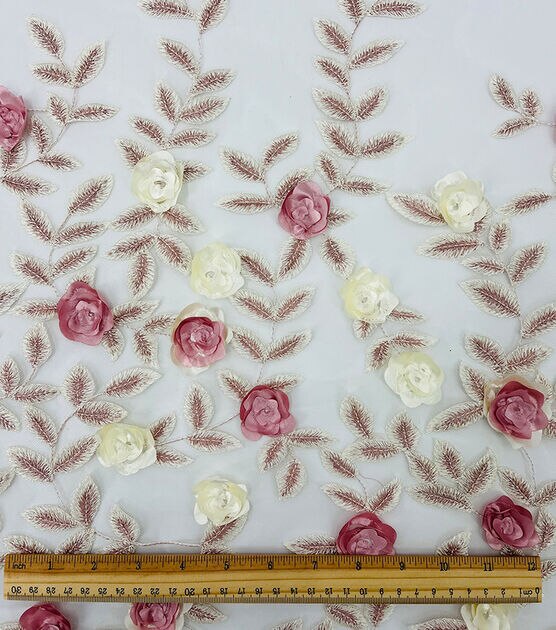 White Leafy 3D Floral Embroidered Mesh Fabric by Sew Sweet, , hi-res, image 2