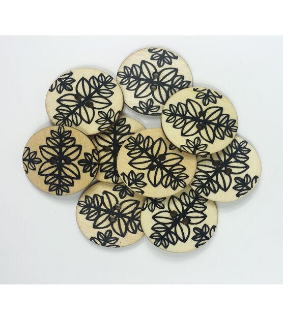Organic Elements 1 1/4" Black & White Leaves Wood 2 Hole Buttons 8pk