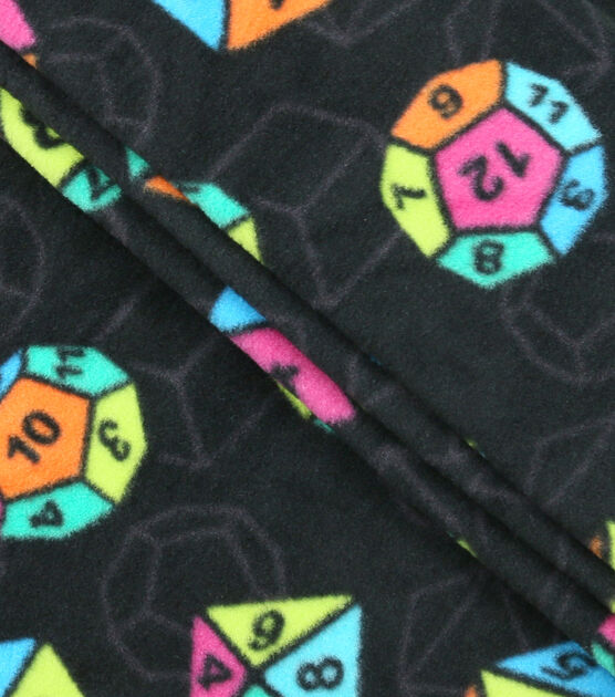 Neon Dice on Black Anti Pill Fleece Fabric, , hi-res, image 2