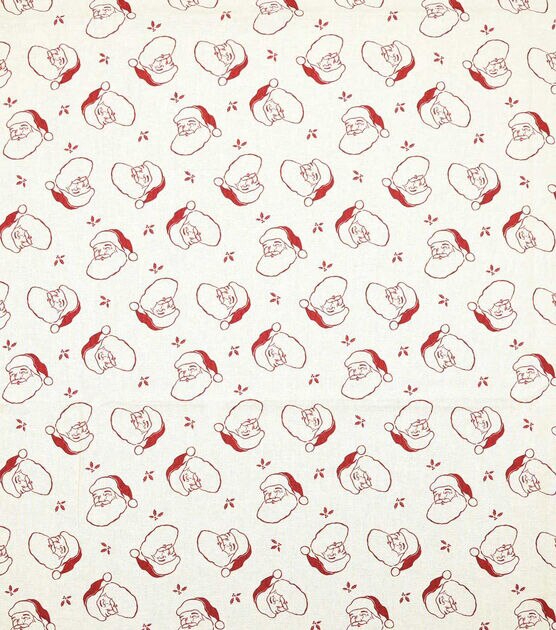 Red Santa Heads on White Christmas Cotton Fabric