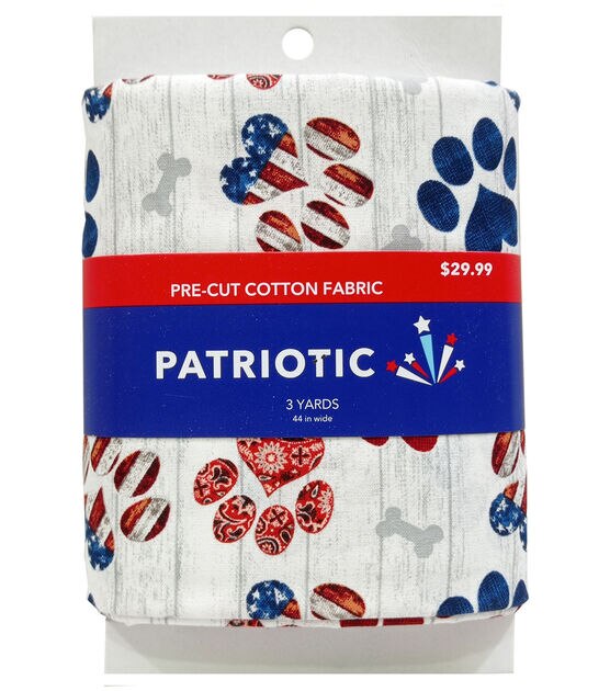3yd  Patriotic White Americana Paw Prints Precut Cotton Fabric