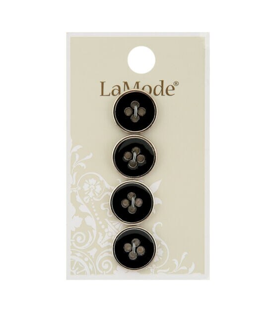 La Mode 5/8"Black 4 Hole Buttons With Silver Rim 4pk, , hi-res, image 1