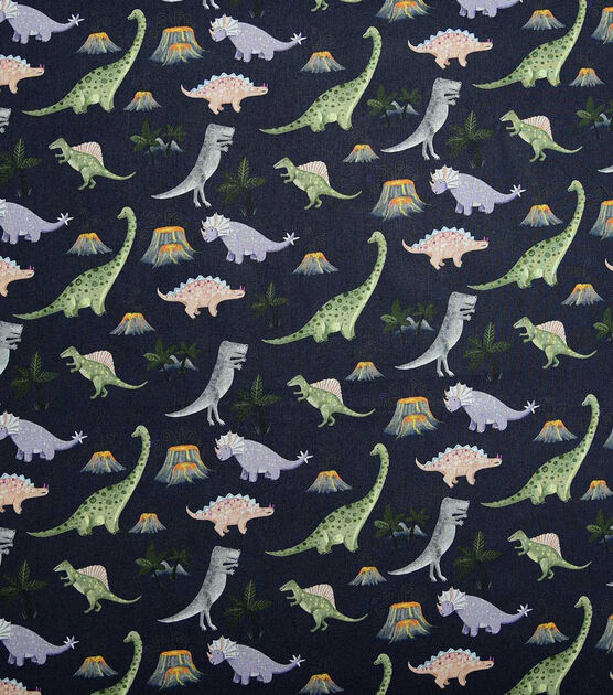 Dinos And Palm Trees On Gray Novelty Print Fabric