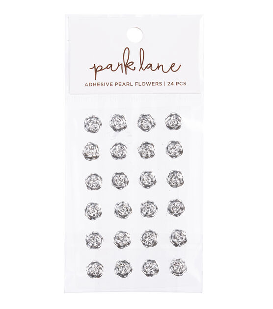 Park Lane Adhesive Pearl Flowers Silver 24pc