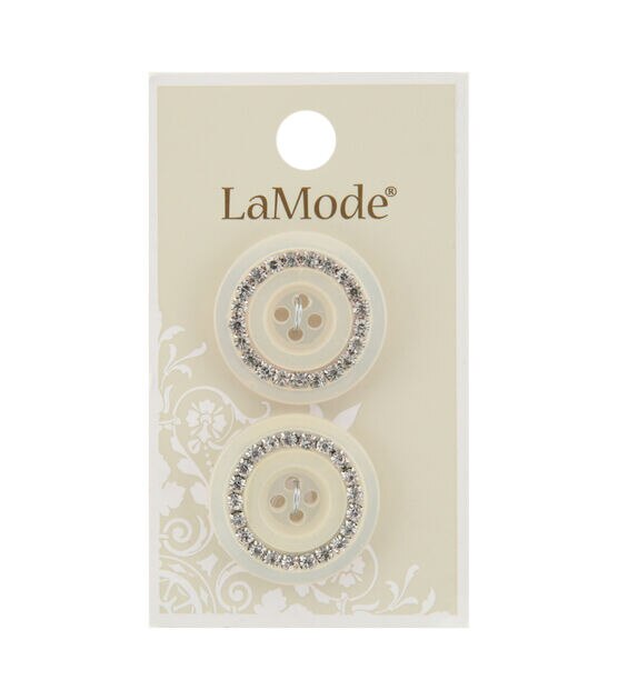 La Mode 1" White 4 Hole Buttons With Clear Rhinestones 2pk