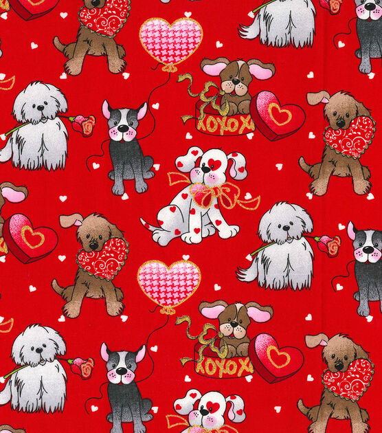 Fabric Traditions Love Pups on Red Valentine's Day Glitter Cotton Fabric