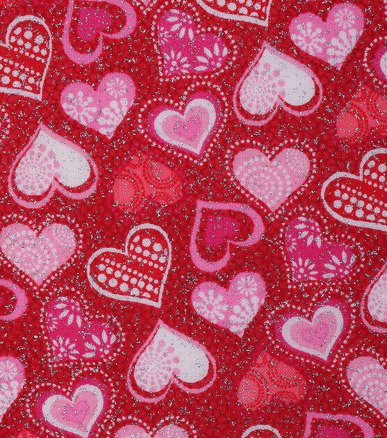 Patterned Hearts on Red Valentine's Day Glitter Cotton Fabric