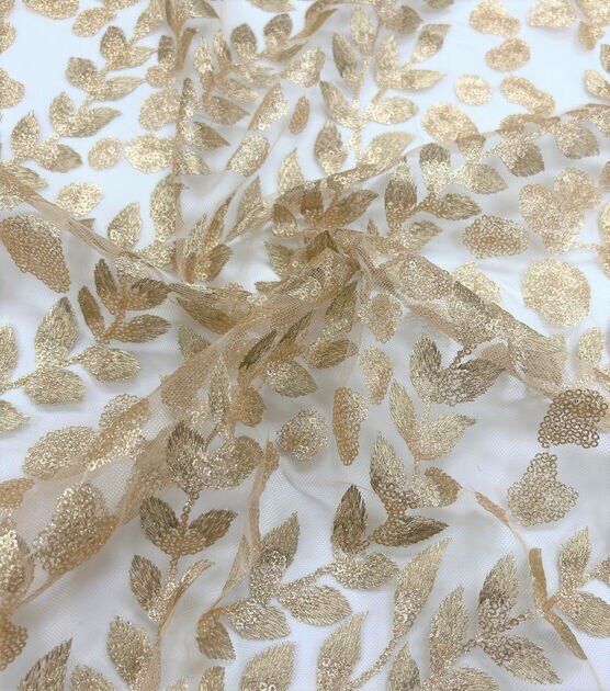 Gold Metallic Leaves Embroidered With Sequin Mesh Fabric by Sew Sweet, , hi-res, image 4