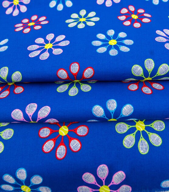 Tennis Racket Flowers Blue Novelty Cotton Fabric, , hi-res, image 4