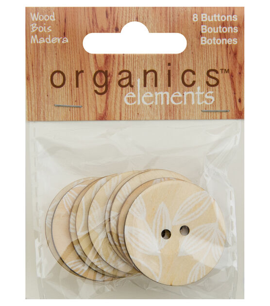 Organic Elements 1 3/8" White Leaves Wood Round 2 Hole Buttons 8pc