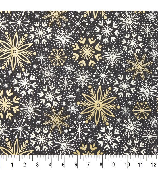 Gold & White Snowflakes on Black Christmas Foil Cotton Fabric, , hi-res, image 3