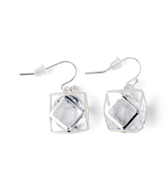 Silver Geometric Earrings With Clear Crystal by hildie & jo, , hi-res, image 2