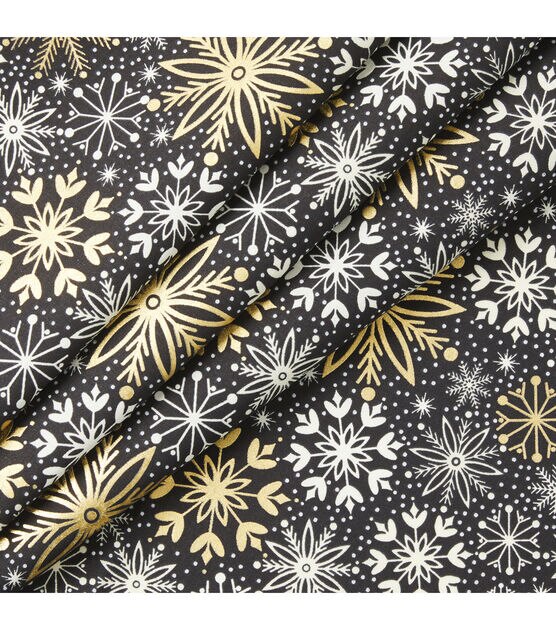 Gold & White Snowflakes on Black Christmas Foil Cotton Fabric, , hi-res, image 2