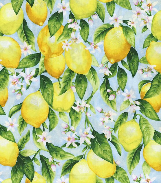 Hi Fashion Lemons And Floral On Light Blue Premium Print Cotton Fabric