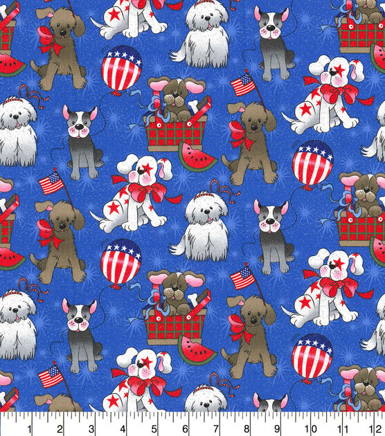 Fabric Traditions Dogs on Blue Glitter Patriotic Cotton Fabric