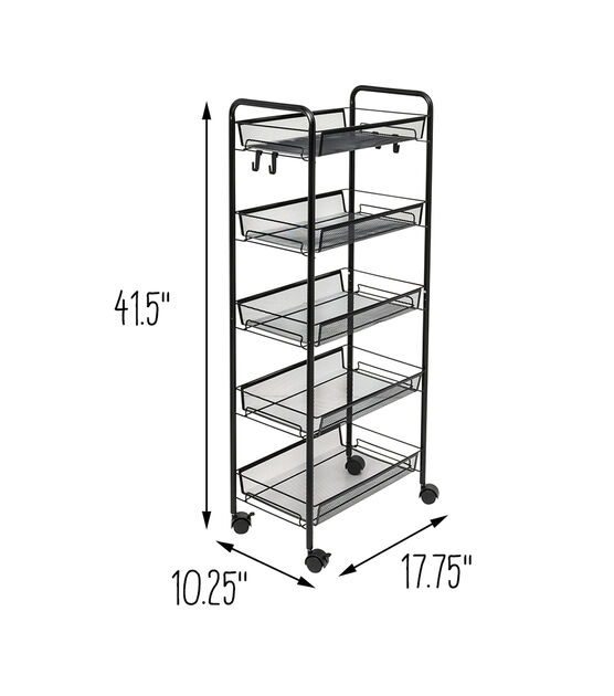 Honey Can Do 17.5" x 41" Black 5 Tier Storage Cart With 4 Hooks & Wheels, , hi-res, image 10