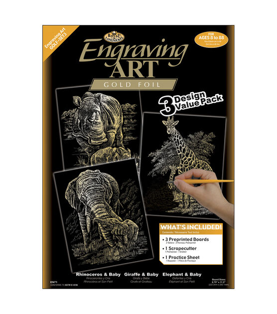 Royal Brush Engraving Art Value Pack 3PK Rhinoceros, Giraffe, Elephant