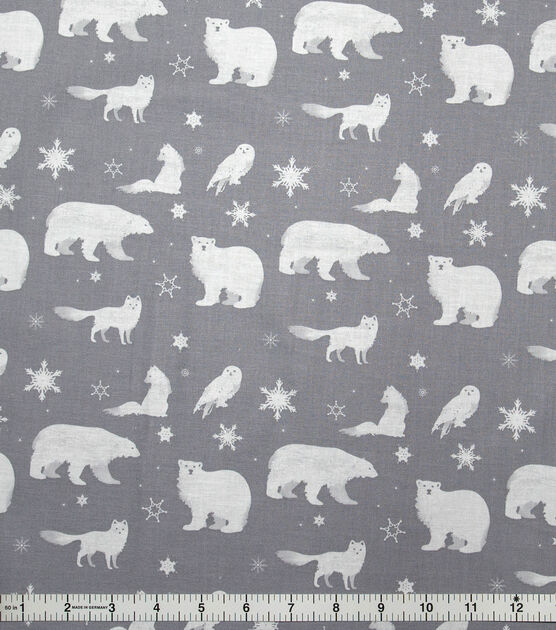 Winter Animals & Snowflakes on Gray Christmas Cotton Fabric