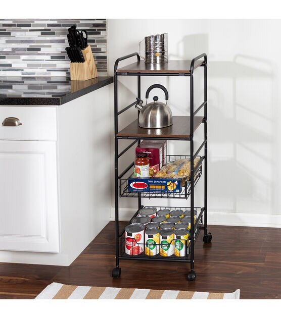 Honey Can Do 16" x 44" Black 4 Tier Rolling Cart With 2 Shelves, , hi-res, image 4