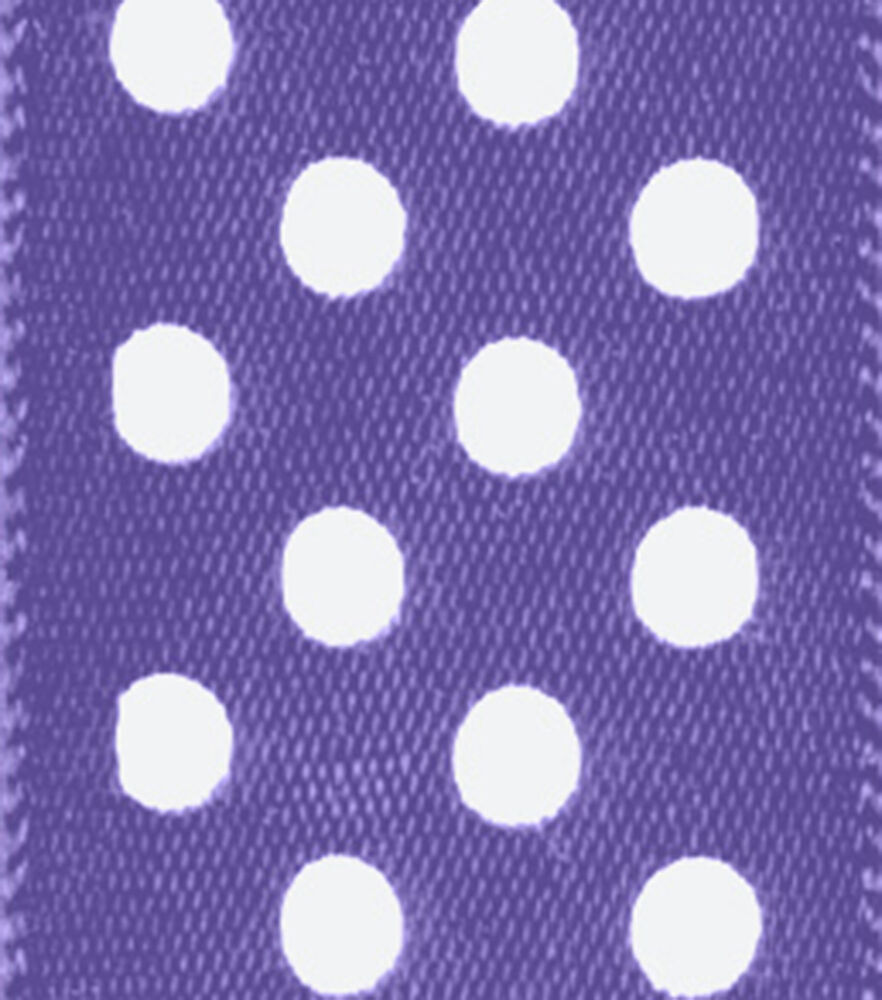 Offray 7/8" x 9' Polka Dot Single Faced Satin Ribbon, Purple, swatch, image 1