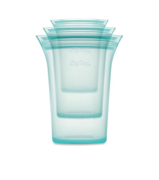 Reusable Silicone 3-Piece Cup Set - Small 8 oz., Medium 16 oz., Large 24 oz. Zippered Storage Containers in Teal