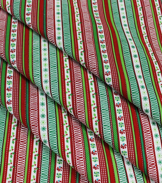 Red & Green Holly Striped Christmas Cotton Fabric, , hi-res, image 2
