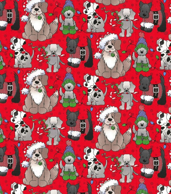 Fabric Traditions Pups on Red Christmas Glitter Cotton Fabric