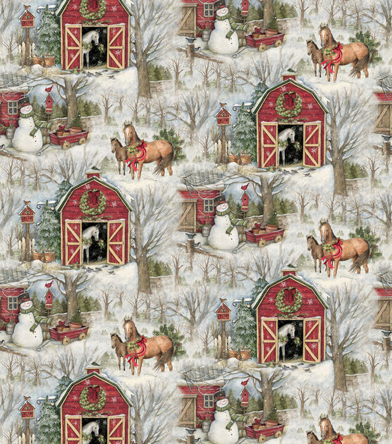 Barnyard Beauty on Gray Christmas Cotton Fabric