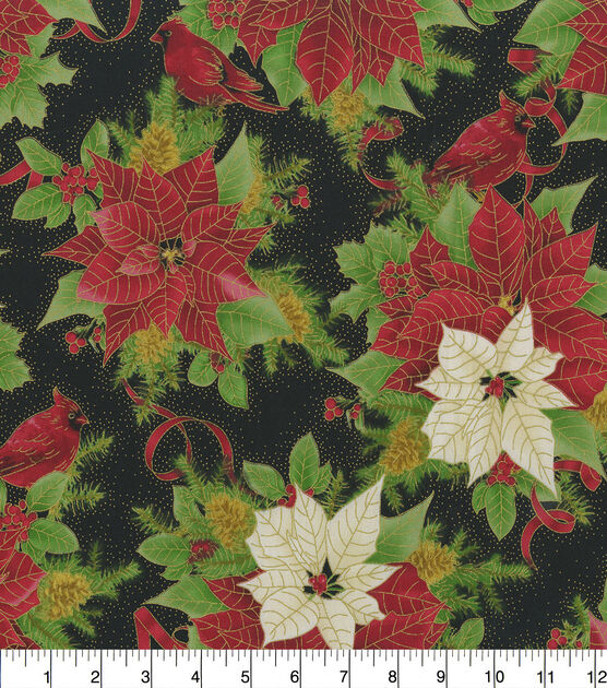 Hi Fashion Cardinals & Poinsettias Christmas Metallic Cotton Fabric, , hi-res, image 2