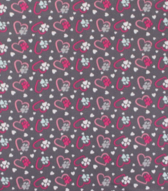Blizzard Fleece Fabric Pink Gray Paws And Hearts, , hi-res, image 2