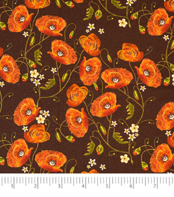 Singer Poppy Flowers on Brown Quilt Cotton Fabric
