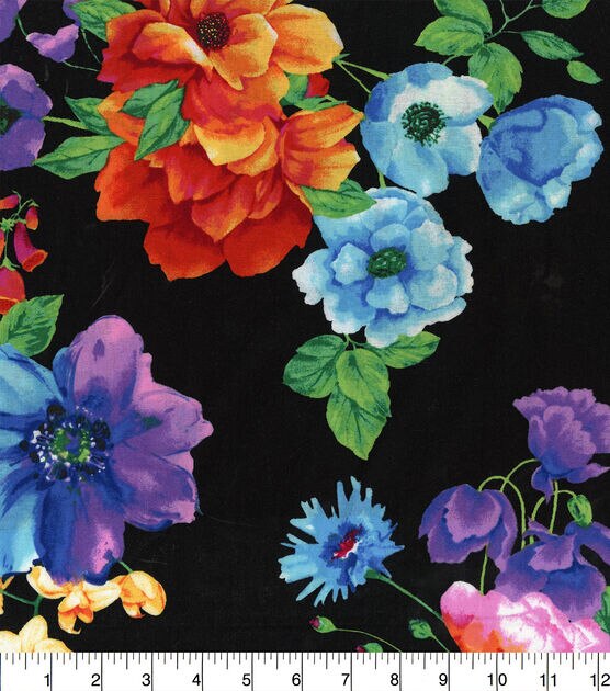 Hi Fashion Vibrant Floral On Black Large Premium Print Cotton Fabric, , hi-res, image 2